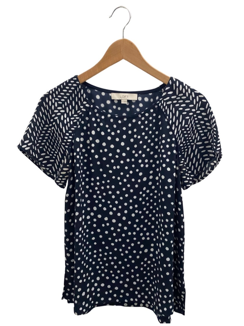 LOFT Navy Polka Dot Short Sleeve Blouse Size Small